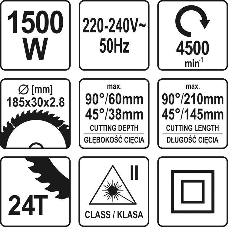 YATO 1500 W SKIRTINIS Pjūklas su pašaru, LAZERIS 185 mm