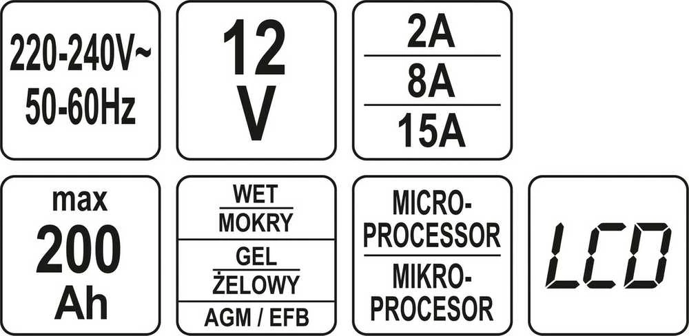Yato Toya Sa Poland Pakrovėjas akumuliatoriams | 12 V mikroprocesorinis | 2A / 8A / 15A, LCD (YT-83003)