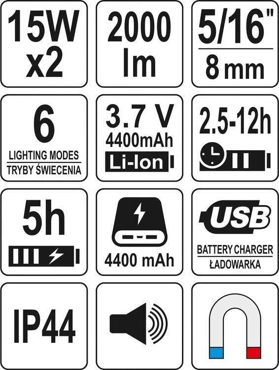 YATO NEŠIOJAMASIS PRIEKINIS ŽIBINTAS, GALBARIASIS 2x15W 2000LM