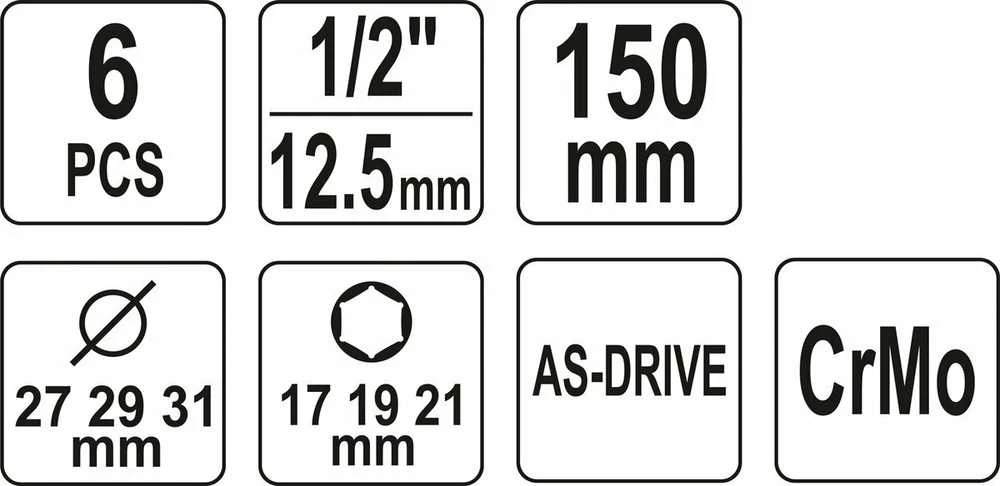 Yato Toya Sa Poland Plonasienių smūginių galvučių rinkinys su apsaugom | 12,5 mm (1/2") | 150 mm | 17/19/21 mm | 6 vnt. (YT-10563)