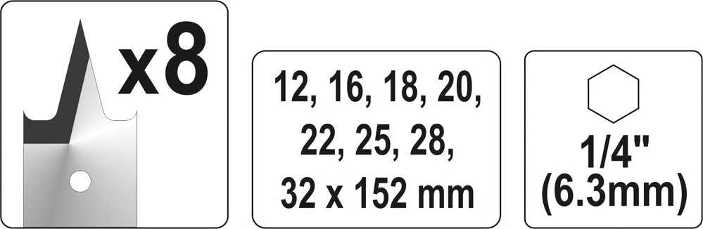 Grąžtas YATO kastuvinių grąžtų rinkinys, 8 vnt., 12–32 mm