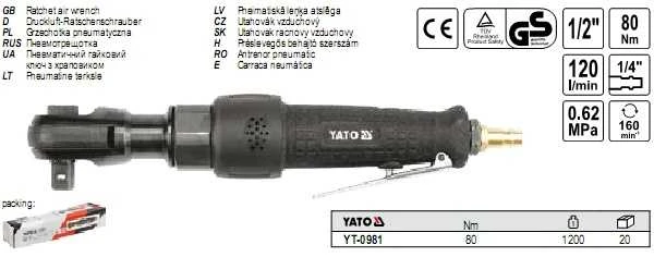 Yato Toya Sa Poland Pneumatinė rankena galvutėms | 12,5 mm (1/2") | 80 Nm (YT-0981)