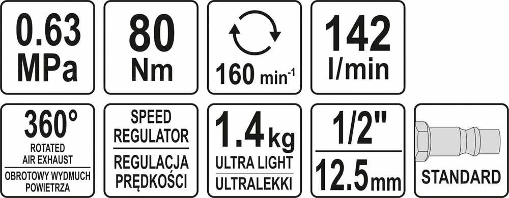 Pneumatinė terkšlė YATO YT-09803, 1/2" 80NM