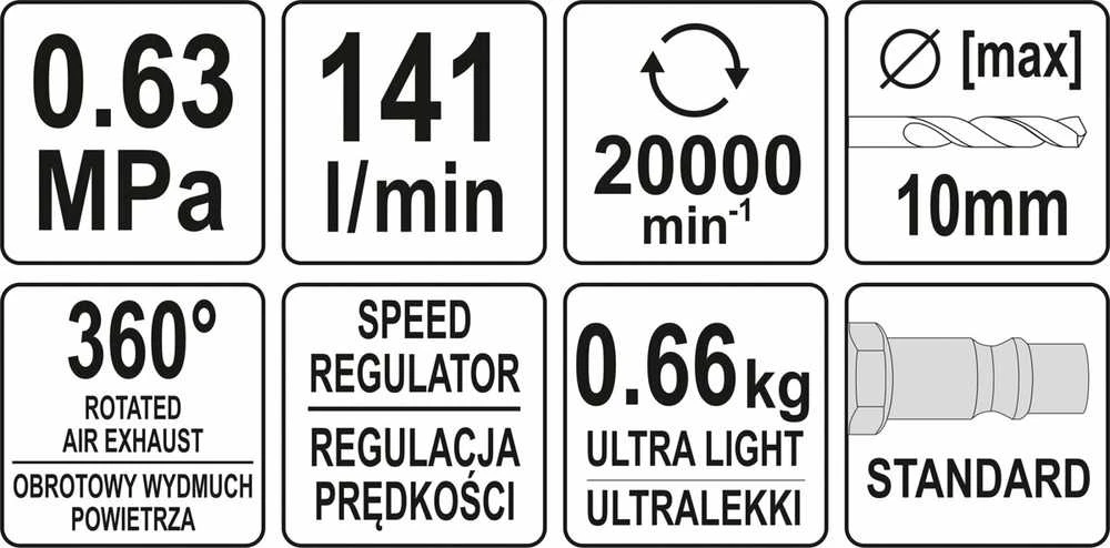 Yato Toya Sa Poland Pneumatinis gręžtuvas tiesus | 10 mm (YT-09695)