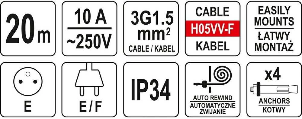 YATO PRZEDŁUŻACZ ELEKTRYCZNY NA ZWIJAKU AUTOMAT 20m