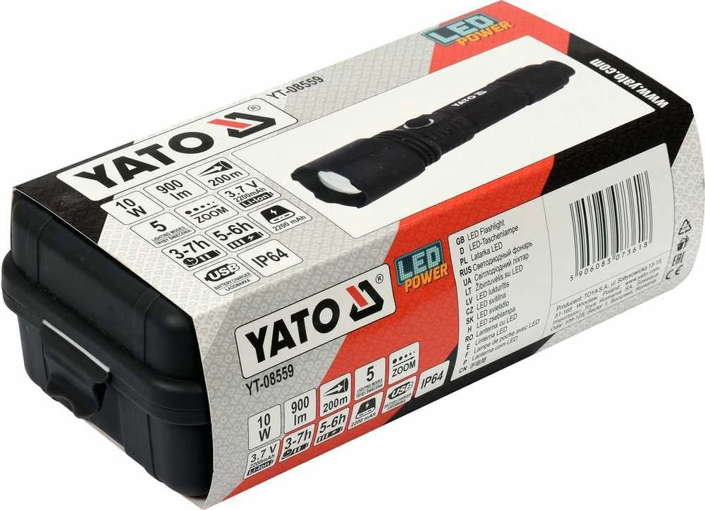 Toya Sa Poland Prožektorius 10W 900LM IP64, LI-ION 3,7V 2200MAH 200M, POWERBANK, ZOOM | Akumuliatorinis (YT-08559)