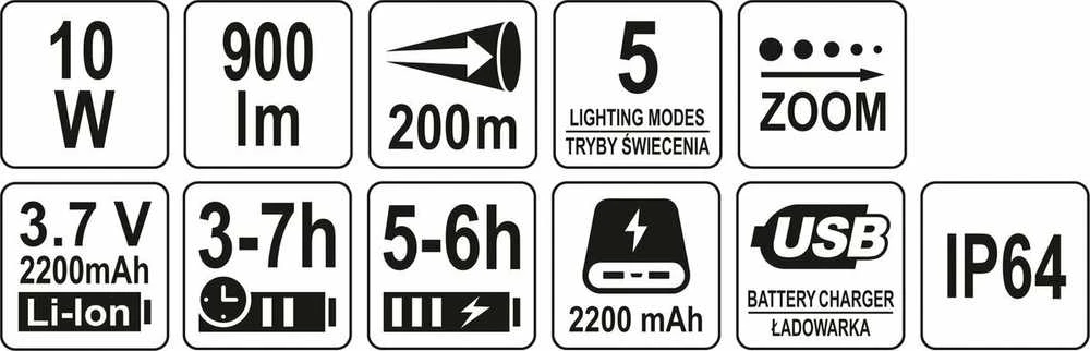 Toya Sa Poland Prožektorius 10W 900LM IP64, LI-ION 3,7V 2200MAH 200M, POWERBANK, ZOOM | Akumuliatorinis (YT-08559)