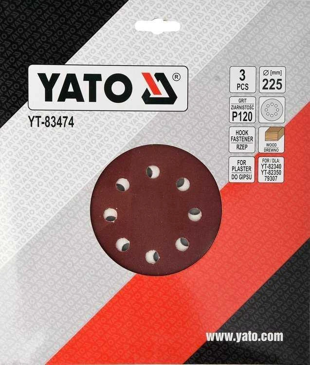 Toya Sa Poland Šlifavimo popierius {velcro) apvalus | su skylėm | 225 mm / P120 | 3 vnt. (YT-83474)
