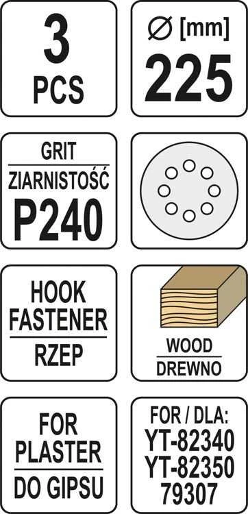 Toya Sa Poland Šlifavimo popierius {velcro) apvalus | su skylėm | 225 mm / P240 | 3 vnt. (YT-83477)