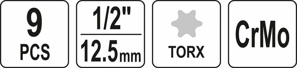 Yato Toya Sa Poland Smūginiai antgaliai | 12,5 mm (1/2") | T-Star (Torx) T20 - T70 | 9 vnt (YT-10654)