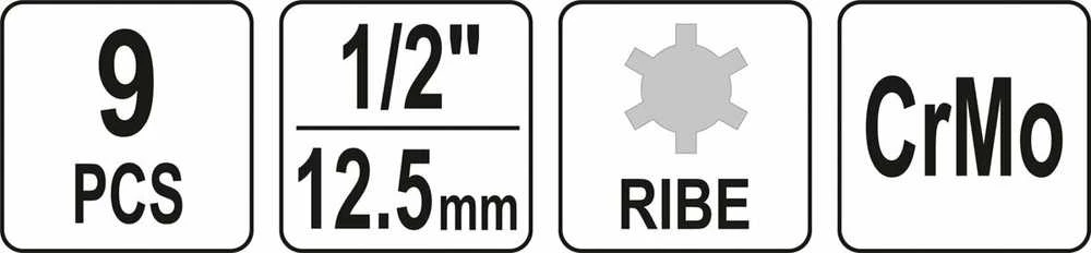 Yato Toya Sa Poland Smūginių antgalių rinkinys | 12,5 mm (1/2") | Spline (Ribe) M5 - M14 | 9 vnt. (YT-10681)