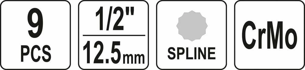 Yato Toya Sa Poland Smūginių antgalių rinkinys | 12,5 mm (1/2") | Spline (XZN) M4 - M16 | 9 vnt. (YT-10691)