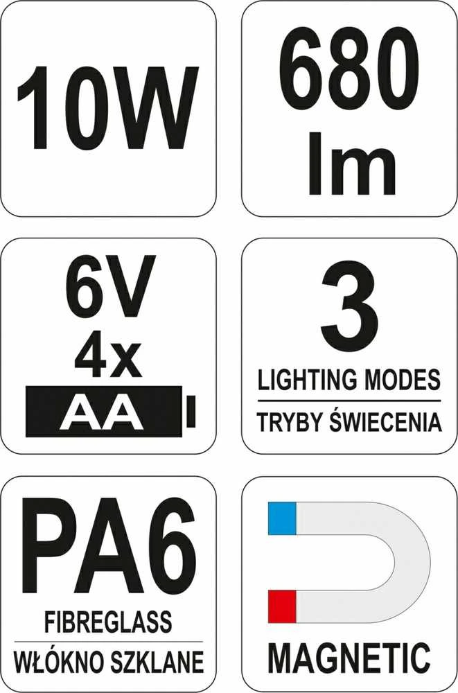 YATO LED PRIEKINIS ŽIBINTAS. Nešiojamas 10W COB 680LM