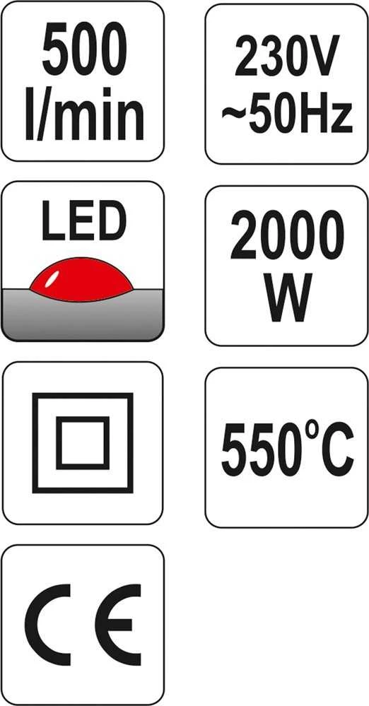 YATO techninis fenas 70~550°C 2000W LED Z AKSESORIAMI 82292
