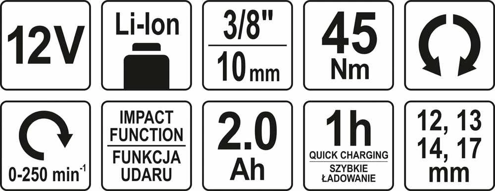 Akumuliatorinė terkšlė Yato YT-82902 45 Nm; 1/2''; 12 V; 1x2,0 Ah akum.