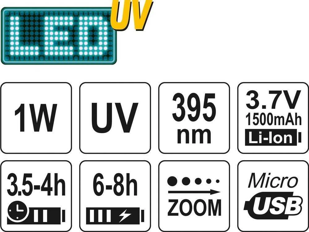 Yato Toya Sa Poland UV žibintuvėlis akumuliatorinis | LI-ION 3.7V | 1500 mAh + akiniai (YT-08587)
