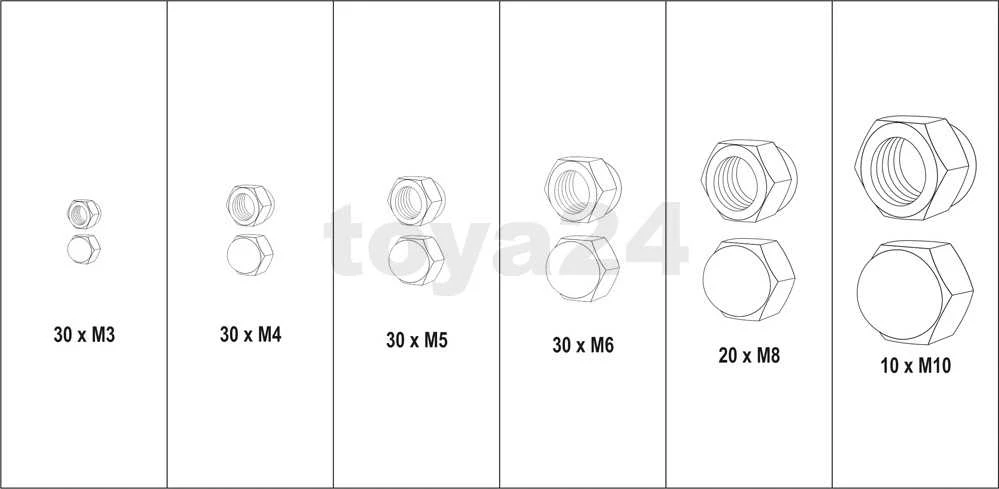 Toya Sa Poland YATO METRIC UŽDARYTA/KANTELĖS VERŽŠLĖS RINKINYS 150 vnt. M3, M4, M5, M6, M8, M10