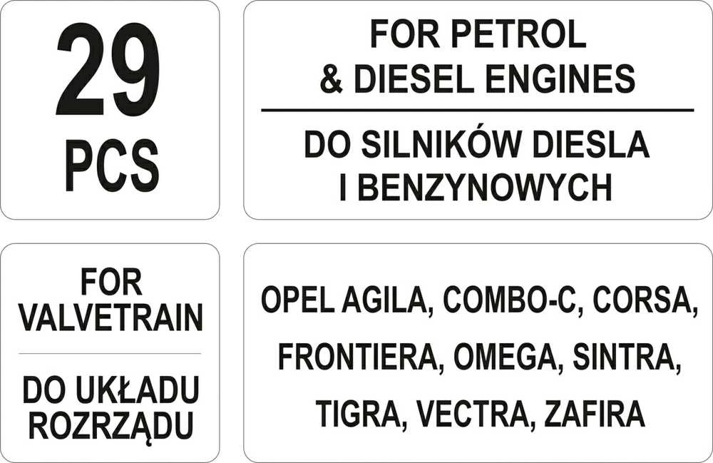 Toya Sa Poland Variklio fiksavimo įrankių rinkinys | Opel | Benzinas/Dyzelis | 29 vnt. (YT-06007)