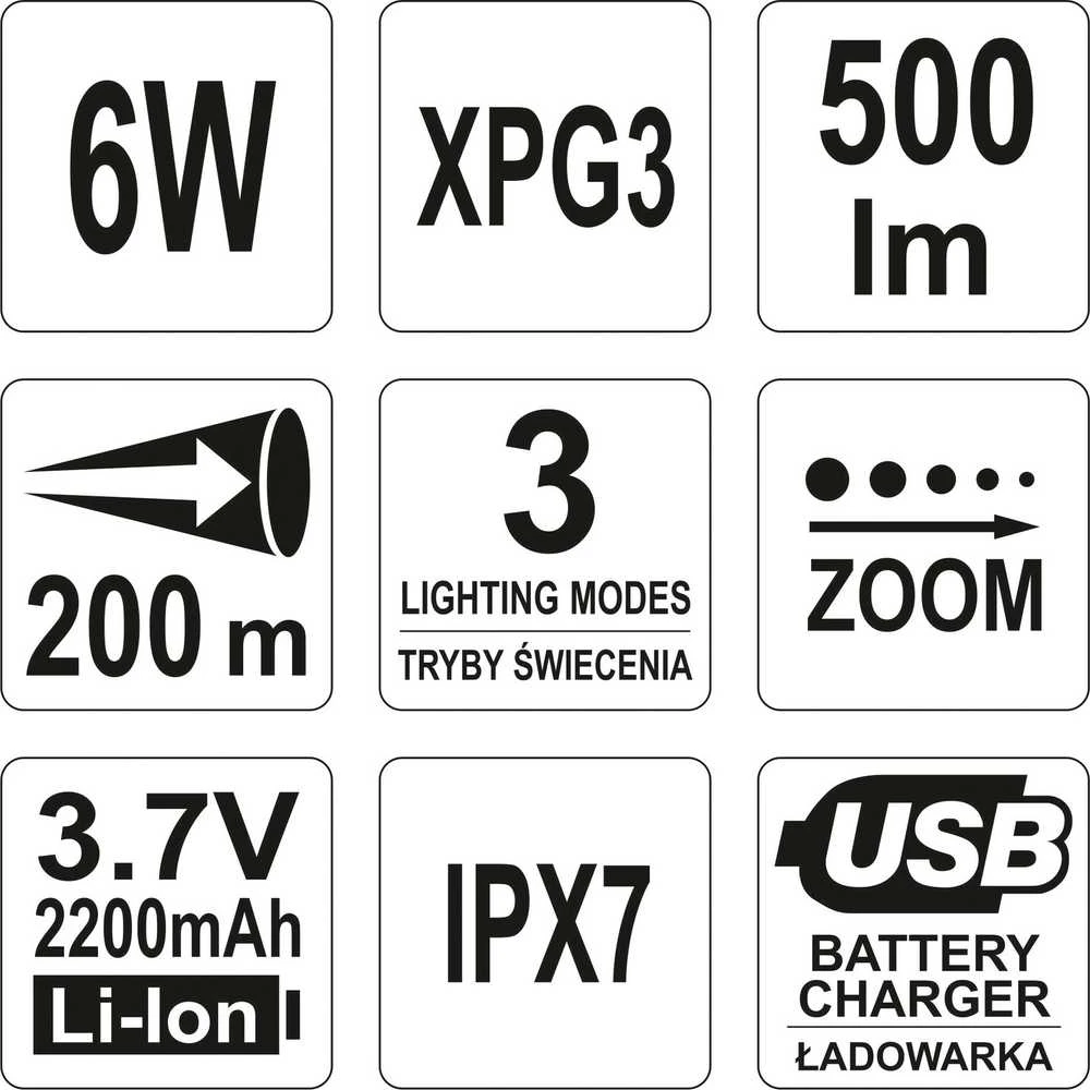 Yato Toya Sa Poland Žibintuvėlis XP-G3 CREE 6W Akumuliatorinis (YT-08568)