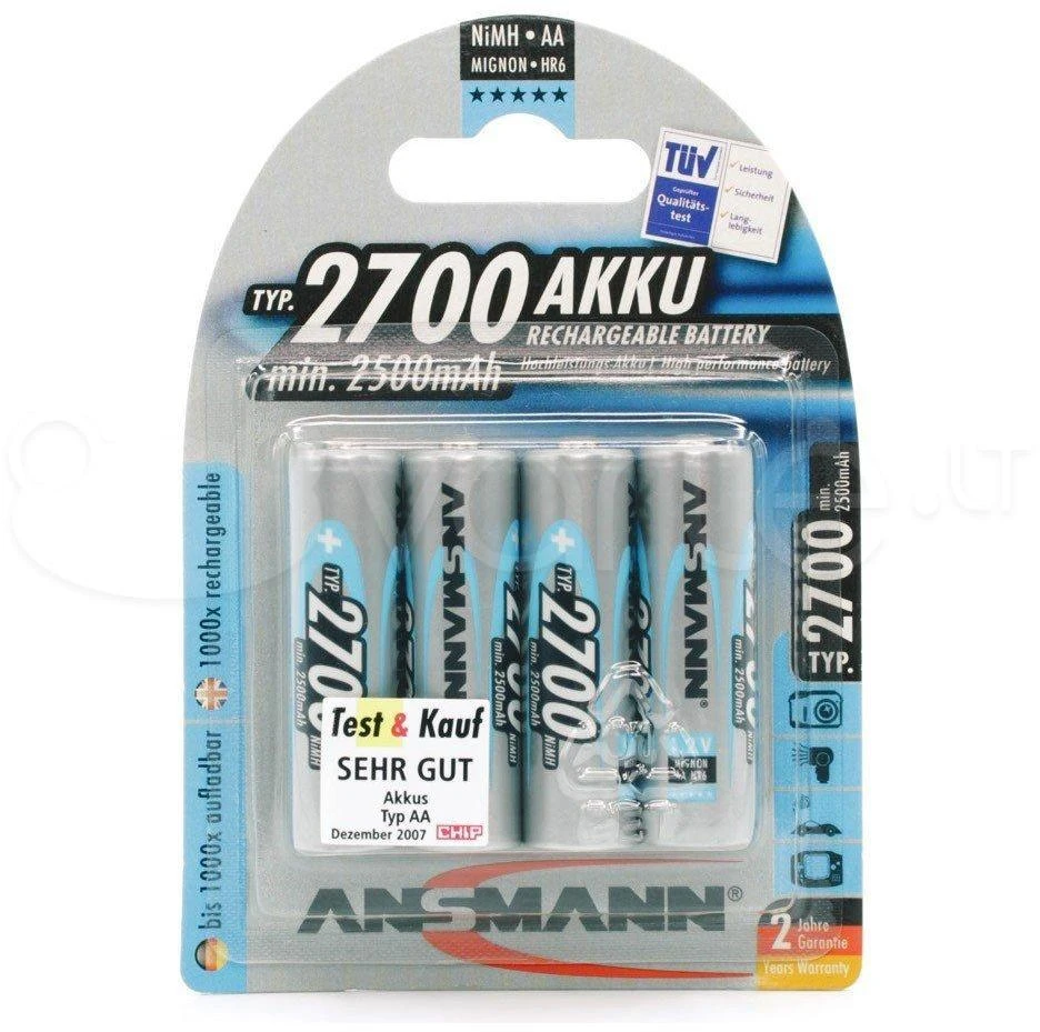 1x4 Ansmann dešinėje. Baterija 2700 Mignon AA 2500 mAh