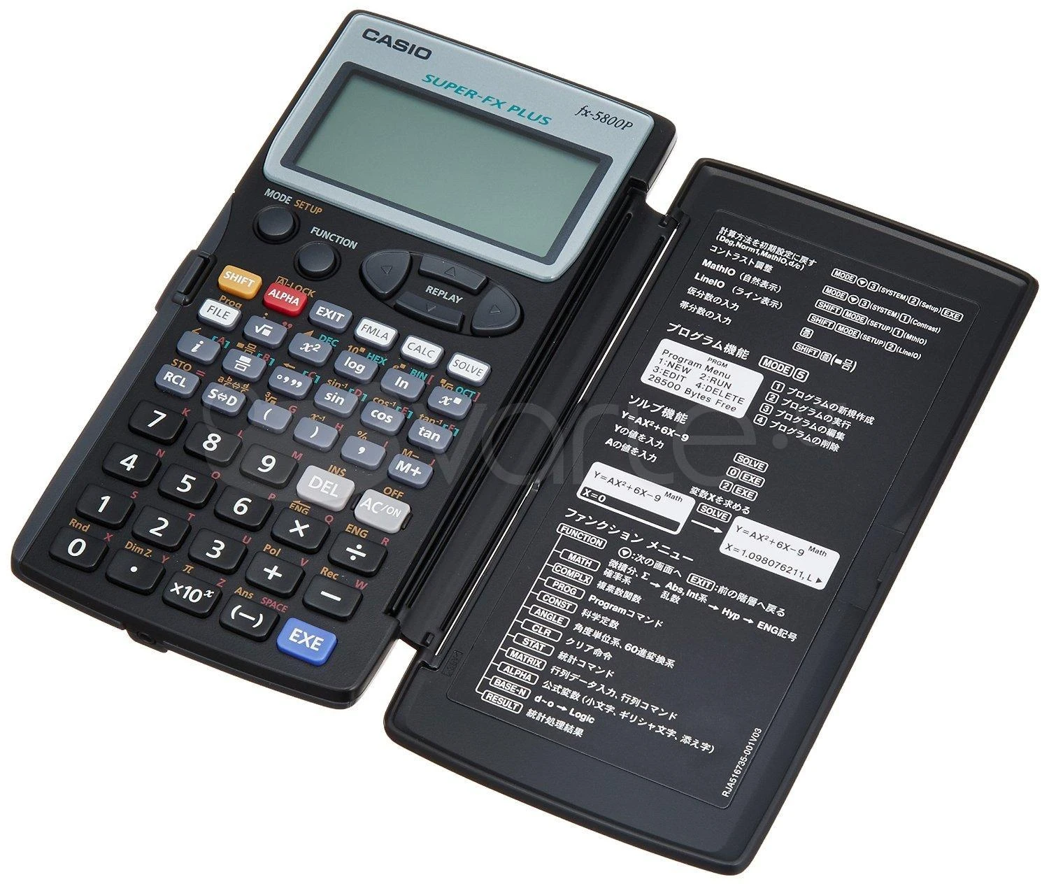 Casio FX 5800 P atverstas su instrukcijų skydeliu