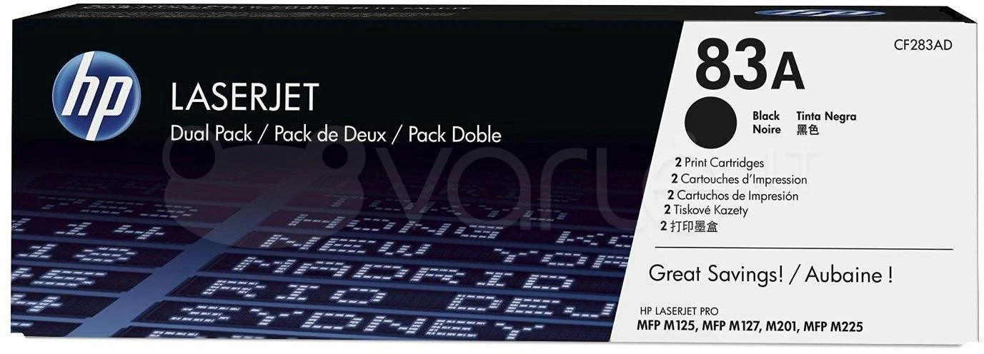 Hewlett Packard (HP) HP 83A 2-pack juodas dažų kasetė, skirta LaserJet M201, M125, M127, M225 (1 500 puslapių)