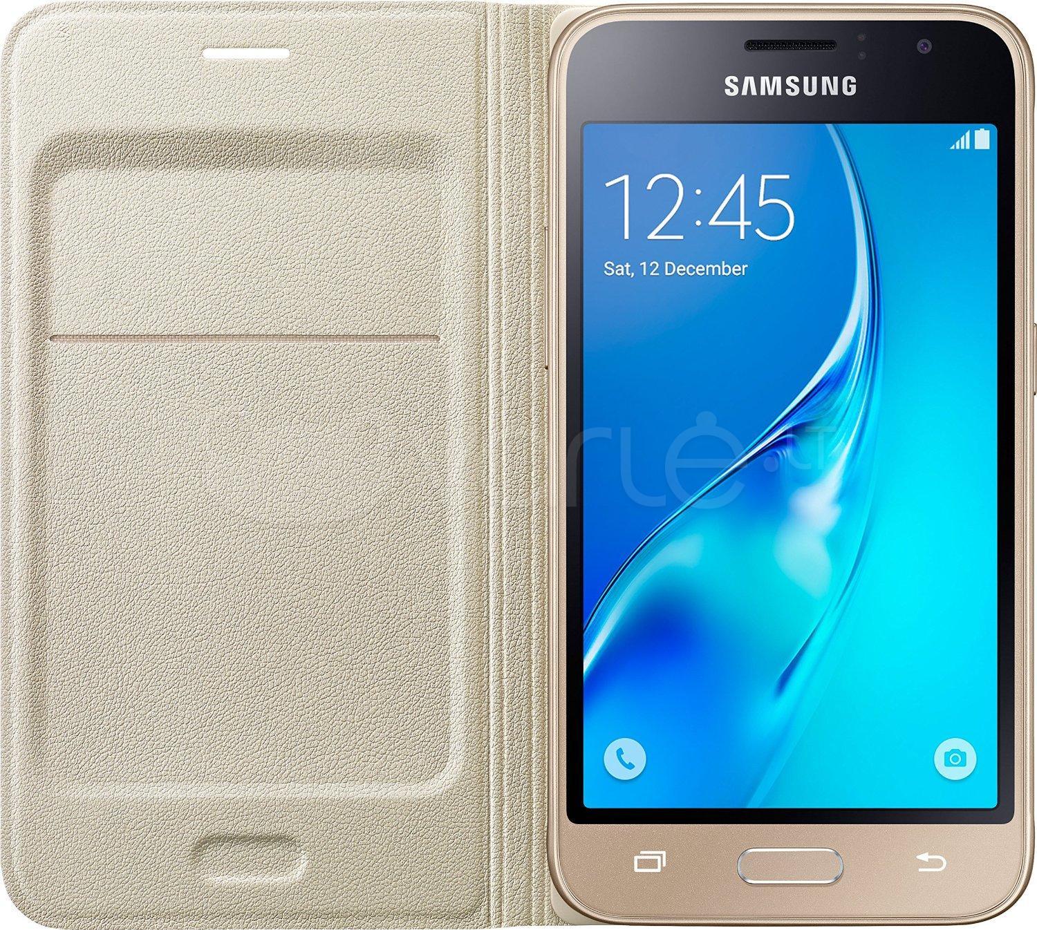 Samsung Galaxy J1 (2016) Flip atverčiamas dėklas - piniginė (Auksinis)