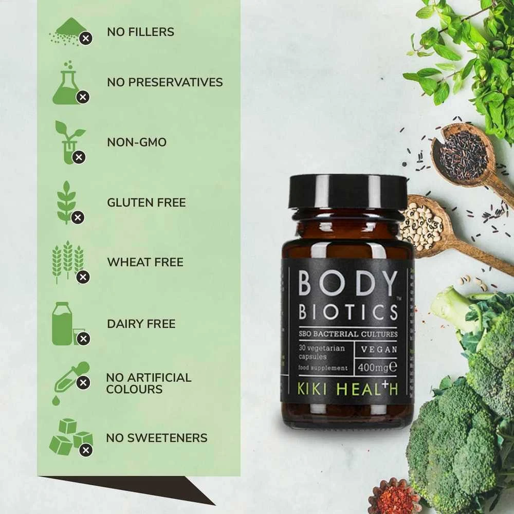 KIKI Health BODY BIOTICS bioaktyvūs probiotikai su prebiotikais, 120 vegkapsulių