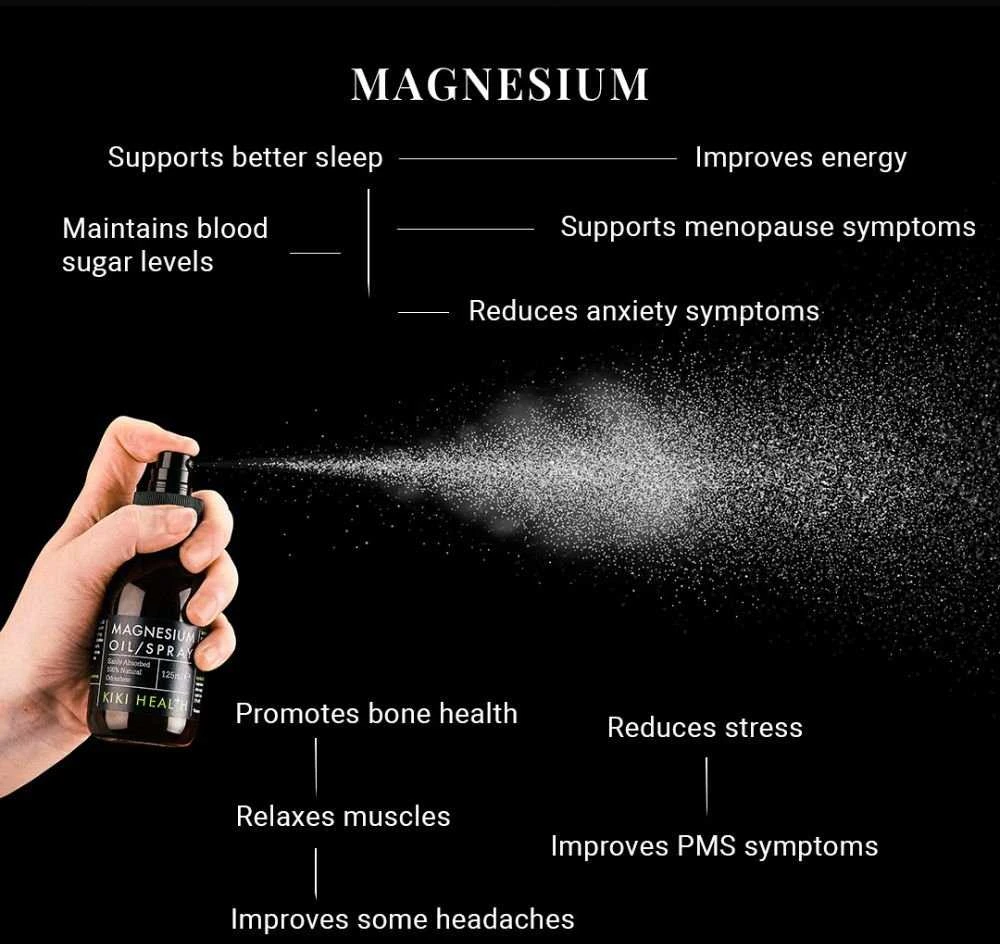 KIKI Health Magnesium Oil - Purškiamas magnis raumenims su mineralais, 125 ml.