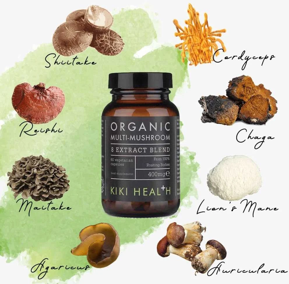 KIKI Health Organic Multi-Mushroom - 8 Funkcinių Grybų ekstraktų kompleksas- stipraim imunitetui, 60 vegkapsulių