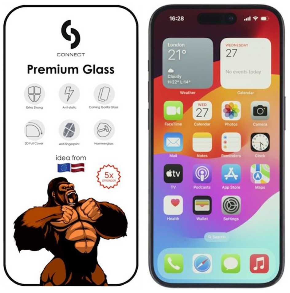 Mocolo Apsauginių akinių ir plėvelių tiekimas. „Connect iPhone 15 Pro 3D Corning Gorilla Glass 5X“ stiprumas. „Apple“, Juodas.