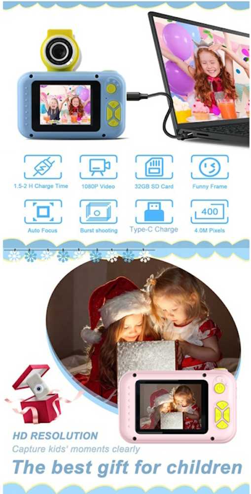 CP aviBērnu Nolokāmas linzas Foto un Video Kamera ar MicroSD 2'' LCD krāsu displeju Zila