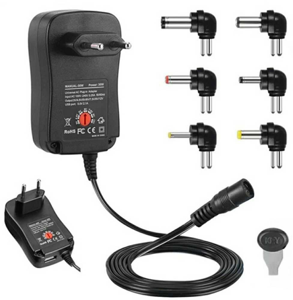 CP UCH1 Universal 12/30W (Maks. 2,1A) Barošanas adapteris + USB 3-12V manuāls slēdzis un 6 spraudņi juodas (OEM)