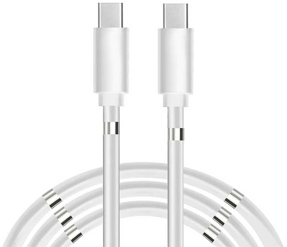 Oho CP USB-C uz USB-C PD 60W 3A Super Ātras Uzlādes 1m iPhone 15 Kabelis ar iebūvētu magnētisku kabeļa organizātoru Balta