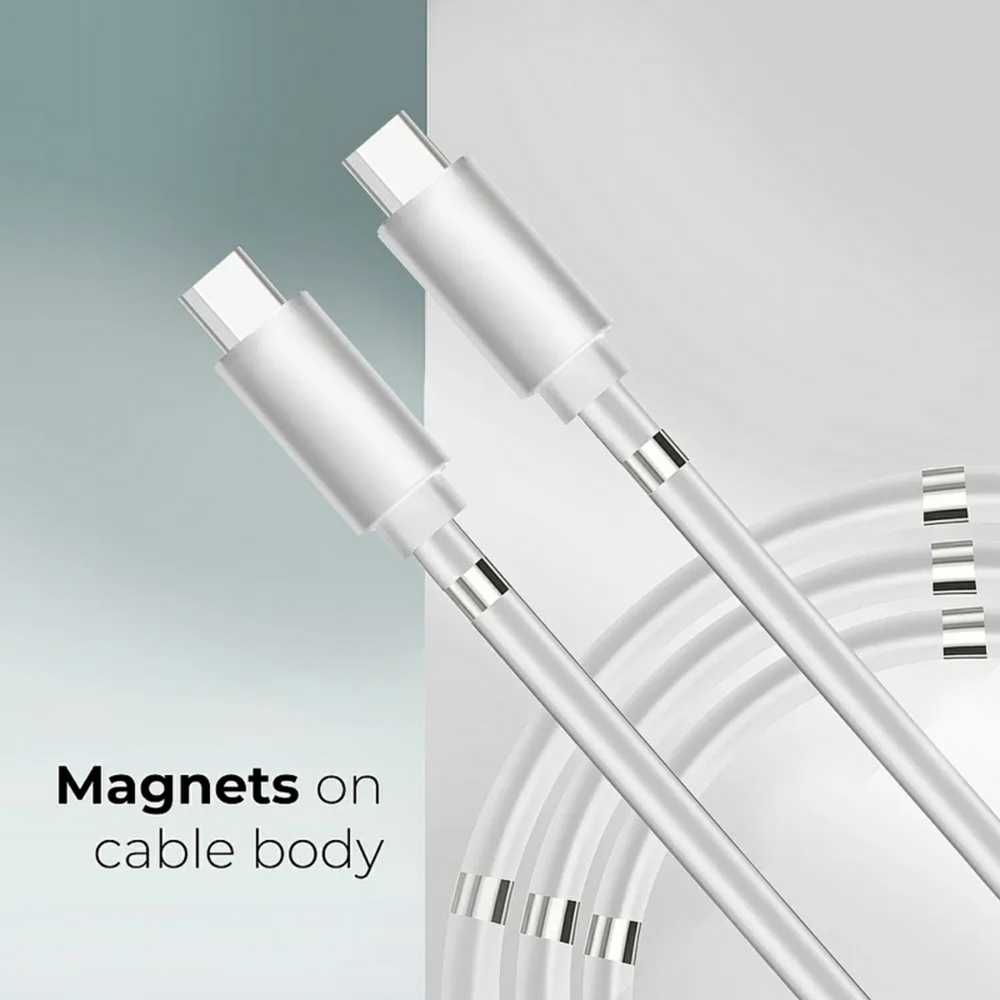 Oho CP USB-C uz USB-C PD 60W 3A Super Ātras Uzlādes 1m iPhone 15 Kabelis ar iebūvētu magnētisku kabeļa organizātoru Balta