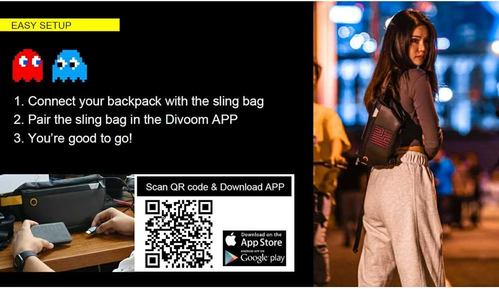 Divoom Pixoo Sling Bag Premium Laikapstākļu izturīga soma ar Led Pixel Art Displeju & App vadību Melna