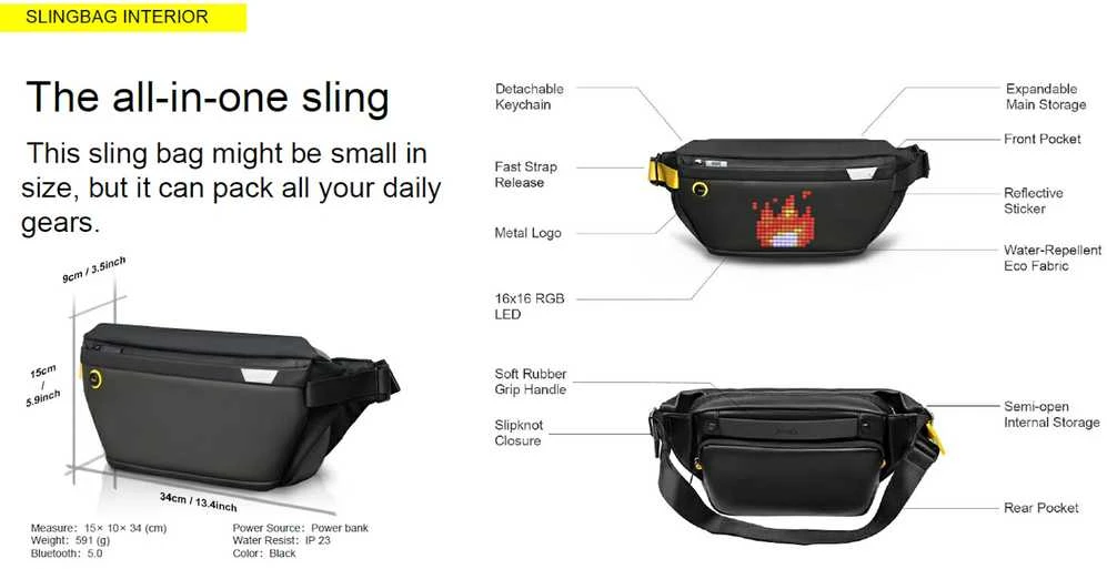 Divoom Pixoo Sling Bag Premium Laikapstākļu izturīga soma ar Led Pixel Art Displeju & App vadību Melna