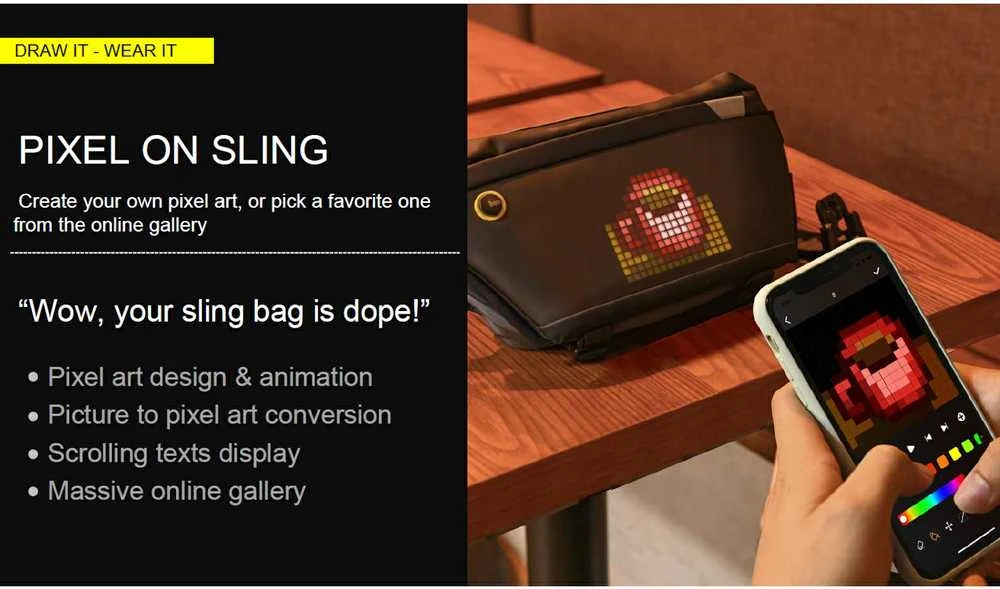 Divoom Pixoo Sling Bag Premium Laikapstākļu izturīga soma ar Led Pixel Art Displeju & App vadību Melna