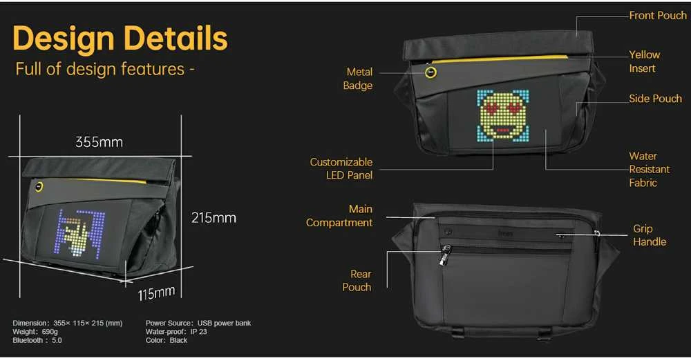 Divoom Pixoo Sling Bag V Premium Laikapstākļu izturīga soma ar Led Pixel Art Displeju & App vadību Melna