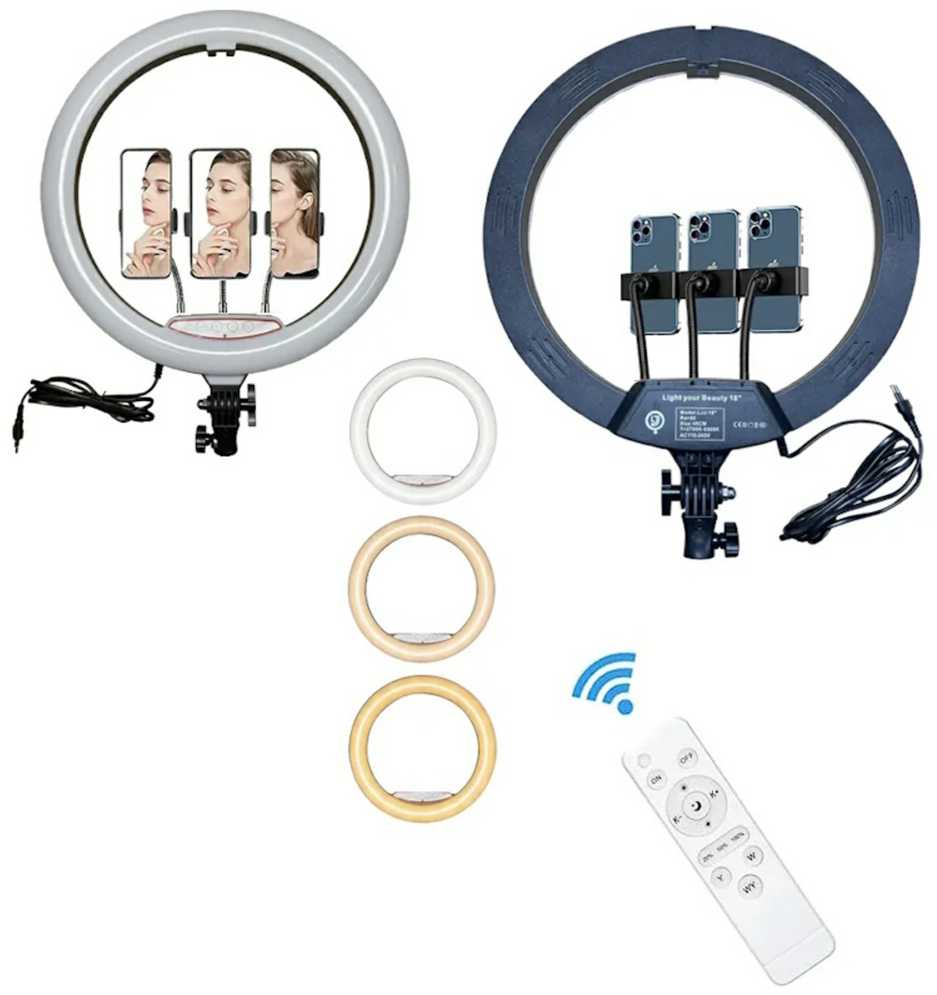 Elight SR18 46cm LED apgaismojošais gredzens ar 3x smartfona turētāju + 220V adapteri + BT tālvadības pulti Melns