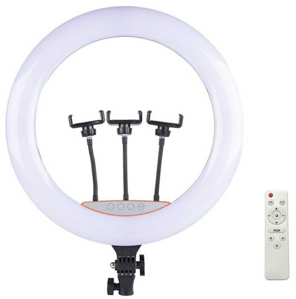Elight SR18 46cm LED apgaismojošais gredzens ar 3x smartfona turētāju + 220V adapteri + BT tālvadības pulti Melns