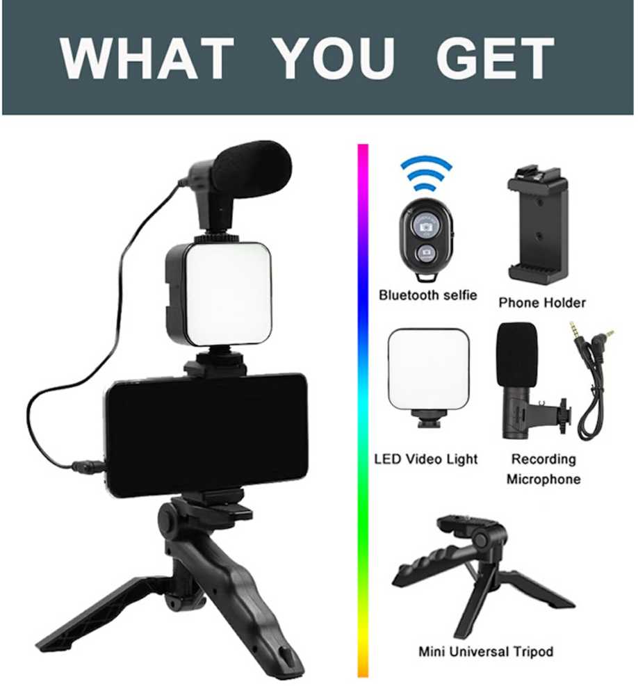 Elight Y9 Vlog Telefona Fiksācijas Video & Foto komplekts ar Led gaismu / Mikrofonu / Statīvu Melna