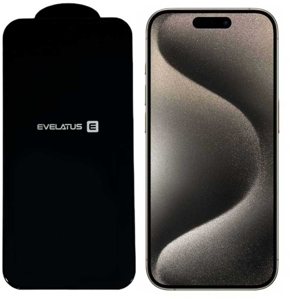 Evelatus Apsauginis stiklas Apple iPhone 15 Corning Gorilla Glass antistatinis 3D pilnas dėklas 5X stiprus (EVEGIP15HYAS)