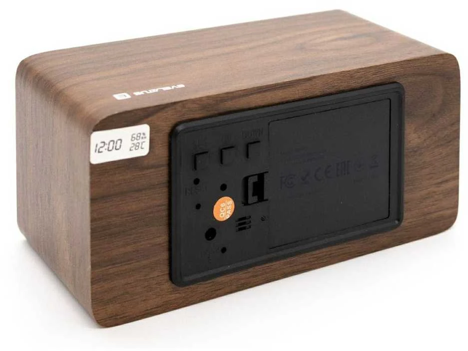 Evelatus EMC01 Digitāls Koka kubs Pulkstenis Modinātājs uzrāda mitrumu temperatūru + USB lādētājs Tumša koka