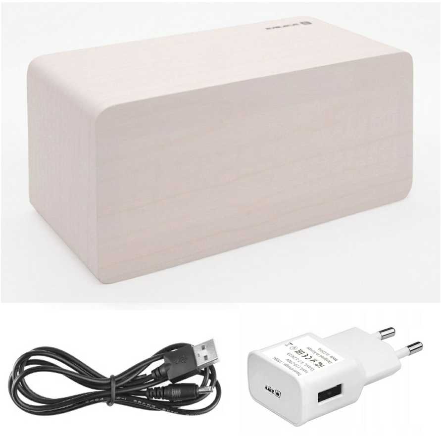 Evelatus EMC01 Digitāls Koka kubs Pulkstenis Modinātājs uzrāda mitrumu temperatūru + USB lādētājs Balts