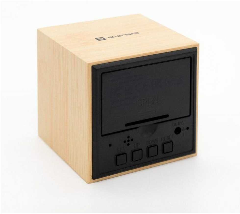 Evelatus EMC02 Digitāls koka kuba Pulkstenis Modinātājs ar termometru + USB adapteris Dzeltens