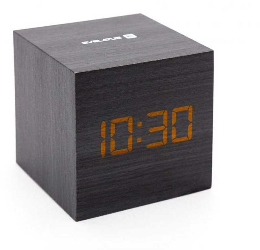 Evelatus EMC02 Digitāls koka kuba Pulkstenis Modinātājs ar termometru + USB adapteris Melns