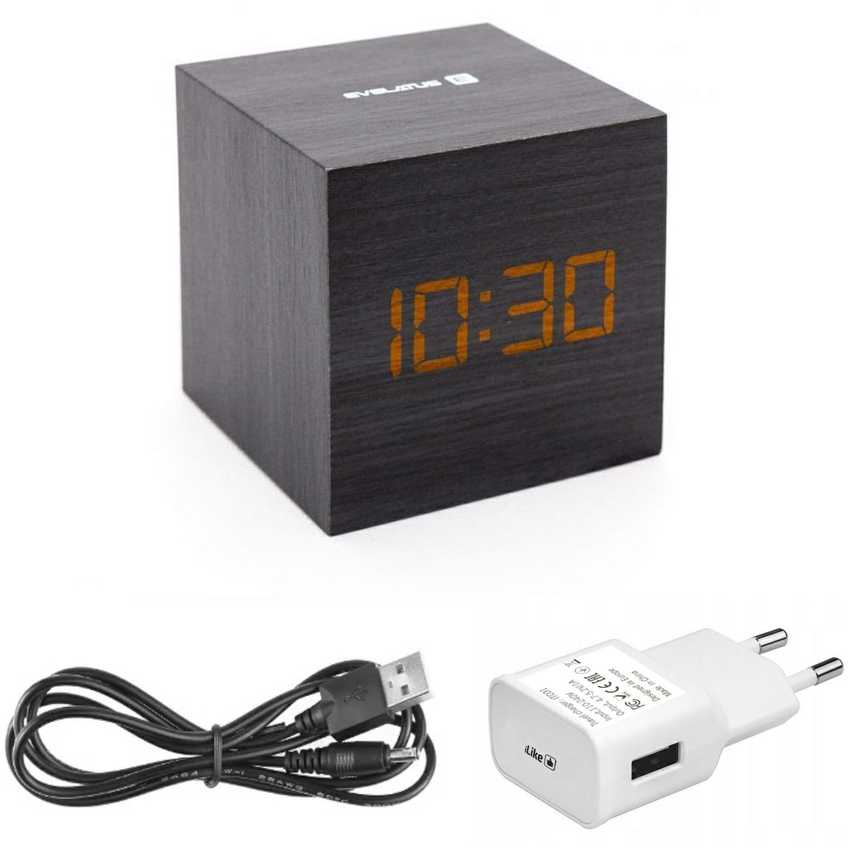 Evelatus EMC02 Digitāls koka kuba Pulkstenis Modinātājs ar termometru + USB adapteris Melns