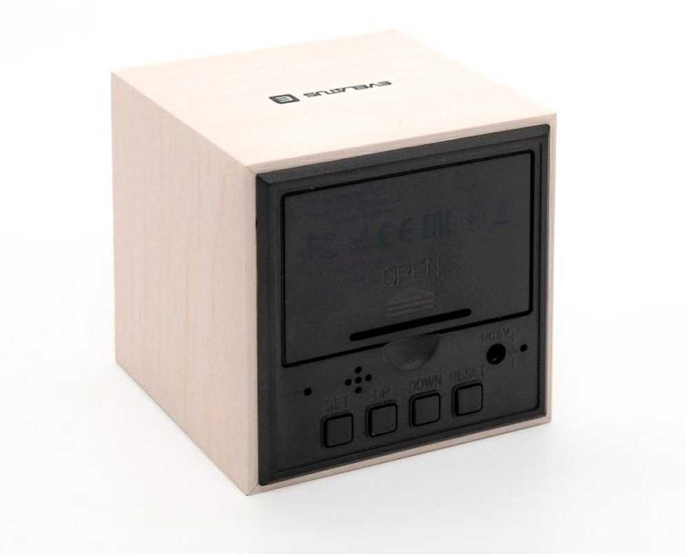 Evelatus EMC02 Digitāls koka kuba Pulkstenis Modinātājs ar termometru + USB adapteris Balts
