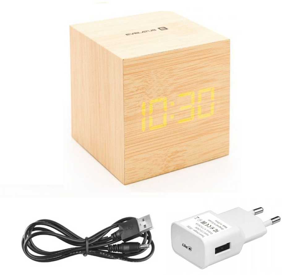 Evelatus EMC02 Digitāls koka kuba Pulkstenis Modinātājs ar termometru + USB adapteris Dzeltens